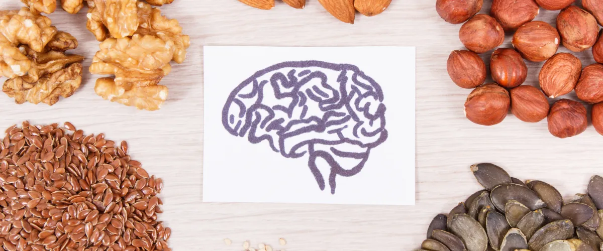 Drawing of a brain surrounded by various nuts and seeds on a wooden surface.