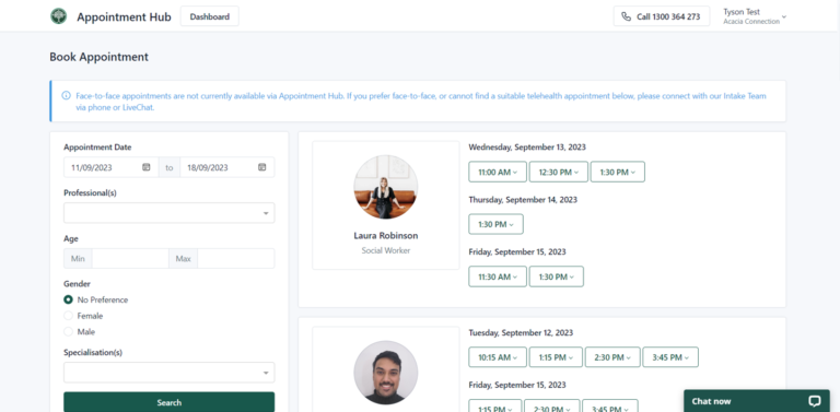 Online appointment booking interface for an employee assistance program.