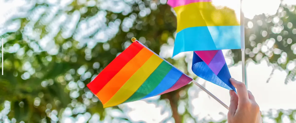 A hand holds colorful flags symbolizing diversity and inclusion.
